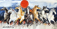 Mashkoor Raza, 36 x 18 Inch, Oil on Canvas, Horse Painting, AC-MR-409